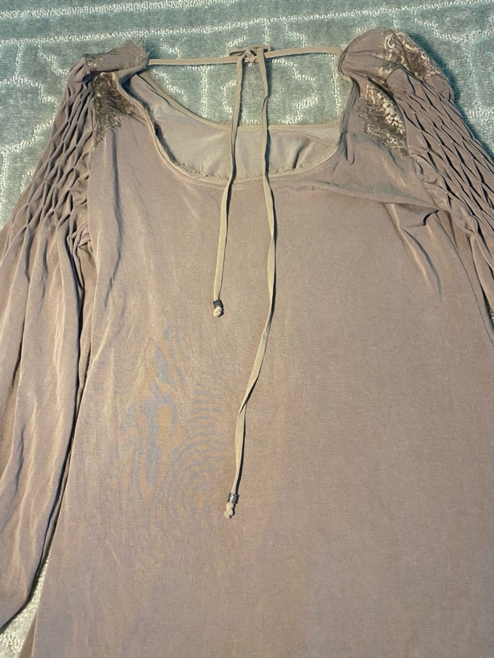 Free People Boho Tunic Dress‎ Large Taupe Lace Ruched Romantic Flowy Cottagecore - Picture 10 of 10